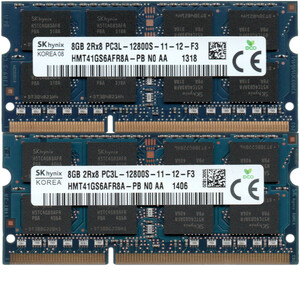 【DDR3 8GBx2枚 合計16GB ノートPC用】＜動作確認済＞SK hynix 低電圧 1.35V DDR3L-1600 (PC3L-12800S) HMT41GS6AFR8A-PB 2枚【中古】H162