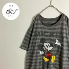 ミッキー　ディズニー　半袖Tシャツ　ビッグプリント　ボーダー　グレー　古着