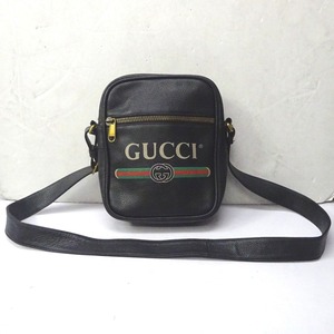 Ft605361 グッチ ショルダーバッグ メッセンジャー ロゴ プリント 523591 ブラック メンズ GUCCI 中古