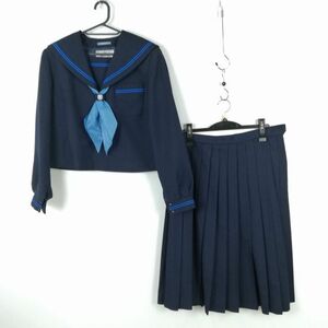 1円 セーラー服 スカート スカーフ 上下3点セット 170A 大きいサイズ 冬物 青2本線 女子 学生服 滋賀能登川中学 紺 中古 ランクC EY5080