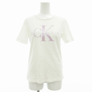 カルバンクラインジーンズ Calvin Klein Jeans Tシャツ カットソー 半袖 ロゴ ビーズ XS 白 ホワイト ピンク /SS 1015 ■GY09