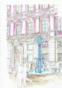 世界遺産の街並み・オーストリア・グラーツの噴水・F4画用紙・水彩画原画