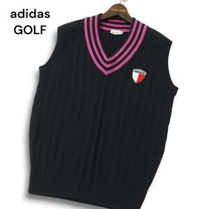 adidas GOLF アディダス ゴルフ 秋冬 ロゴ ワッペン★ ケーブル編み Vネック ニット ベスト Sz.L メンズ ネイビー　A4T13655_C#K