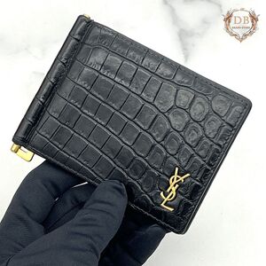 イヴサンローラン マネークリップ YSL クロコ押し ブラック ビジネス メンズ カード入 YVES SAINT LAURENT メンズ 財布 黒 鑑定済み Auth