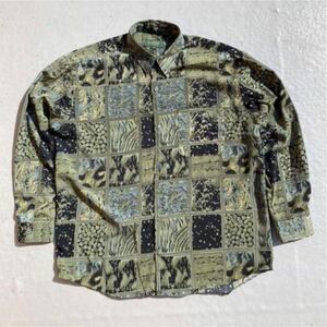 90s vintage アースカラー　総柄　グリーン　オーバーサイズ　シャツ　レトロ　長袖シャツ　長袖　春服　ストリート