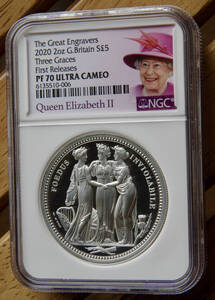 2020年 英国ロイヤルミント スリーグレイセス Three graces 2オンス5ポンド銀貨 NGC PF70 ULTRA CAMEO First Releases