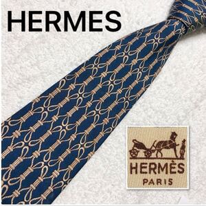 HERMES エルメス　ネクタイ　ロープ　総柄　シルク100% フランス製　ブルー×ベージュ　ビジネス