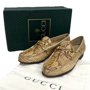 高級 箱保存袋付き GUCCI グッチ ヴィンテージ オールド パイソンレザー エキゾチックレザー 本革 ホースビット ローファー レディース