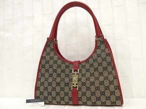 ◆美品◆GUCCI グッチ◆ジャッキー◆GGキャンバス カーフ レザー 本革◆ハンド バッグ◆ベージュ レッド ゴールド金具◆イタリア製◆A8400