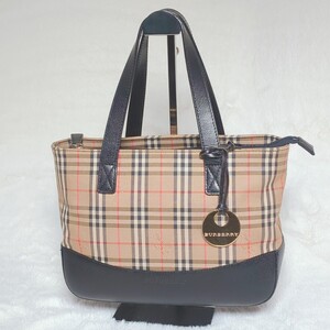 【美品・保存袋付】 BURBERRY バーバリー ハンドバッグ ベージュ系 ノバチェック レザー キャンバス シャドーホース チャーム付 ブラック 