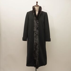 美品 Kami coat ビンテージ 70S 襟ファー ウールロングコート レディース 冬物アウター 黒 ブラック サイズ7*KC418