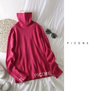 ピッコーネ PICONE☆ウール100% ロゴ入り タートルネック リブニット Iサイズ☆A-O 7551