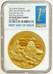 2023年 セントヘレナ フェアリークイーン ウナとライオン 5ポンド 2オンス 2oz プルーフ 金貨 NGC PF70 ULTRA CAMEO First Day of Issue