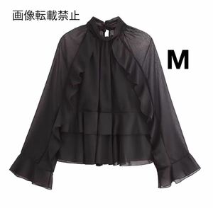 black vintage ヴィンテージ レトロ フリル ブラウス トップス Mサイズ レディース★ZARA 好きな方に★2024 A/W 秋冬新作 新品未使用★