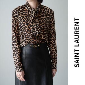 極美品 SAINT LAURENT paris サンローラン パリ シルクシャツ ボウタイ付 ヒョウ柄 レオパード 豹柄 ドレスシャツ 現行タグ 20AW 38