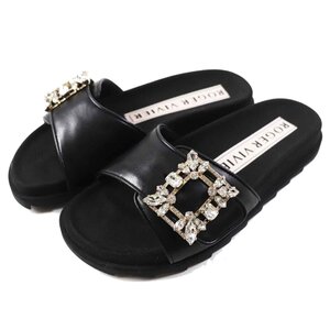 極美品◎ROGER VIVIER ロジェヴィヴィエ RVW4582865091 TB999 SLIDY VIV MINI RV BROCHE MULE25 レザー サンダル NERO 34 箱・保存袋付き