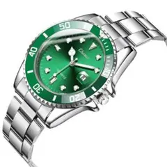 【大人気】腕時計 メンズ ステンレス シルバー クオーツ カレンダー 緑