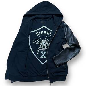 美品●希少L相当 DIESEL 2221 袖レザー切替 パーカー ラムレザー ロゴプリント 裏地 羊革 ブラック 黒 ディーゼル ブルゾン ジャケット