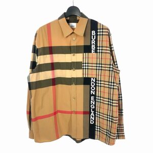 バーバリー ロンドン BURBERRY LONDON 20AW ロゴプリント パッチワーク チェックシャツ 長袖 アシンメトリー XL ベージュ 8033101 メンズ