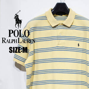 M / 90s POLO RALPH LAUREN ポロ ラルフローレン 鹿の子 半袖 ポロシャツ イエロー ブルー ボーダー ダメージ加工 カレッジ グランジ 古着