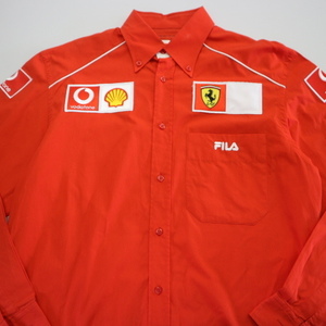 00s FILA Ferrari フェラーリ レーシング 長袖 ボタンダウンシャツ L レッド フィラ F1 Vodafone Shell ピットシャツ チーム 支給品