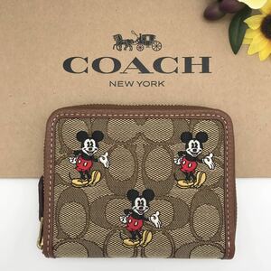 DISNEY X COACH コラボ ★大人気★ スモールジップアラウンドウォレット シグネチャージャカード ミッキーマウスプリント CN035 B4R3U 新品