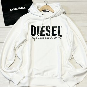 未使用級/XLサイズ●DIESEL【使い勝手抜群】ディーゼル スウェット パーカー フード 胸ロゴ 白 ホワイト メンズ