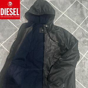 【極美品XL】最高傑作 DIESEL ディーゼル レザージャケット レザーパーカー黒 DIESELロゴ 羊革 ラムレザー 【滑らかな手触り】お洒落の頂点