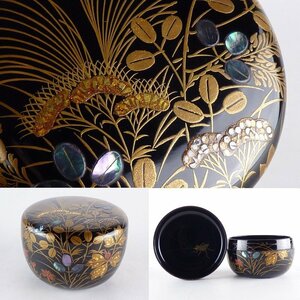 【都屋】13　黒塗 秋草花蒔絵 平棗 螺鈿細工入り 高さ 約5.5cm 幅 約8cm 木製 鈴虫 棗 香合 茶器 茶入 茶碗 茶道具 漆器 漆芸