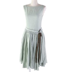 極美品◎フォクシー 39513 Linen Dress リネン100％ ウエストリボン ギャザー フレア ノースリ ワンピース スモーキーグリーン 38 正規品