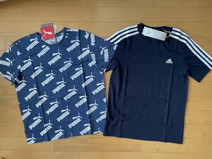 送料込み!!★新品★150★半袖Tシャツ2枚★PUMA プーマ 大人気!!総柄ロゴＴシャツ★adidas アディダス 3ストライプ★ネイビー 紺★即決