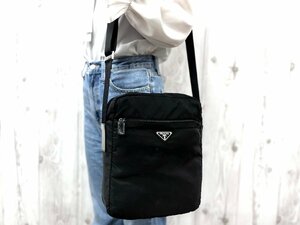 極美品 PRADA プラダ テスート ショルダーバッグ バッグ ナイロン×レザー 黒 メンズ 76571