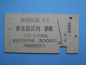 切符 鉄道切符 国鉄 硬券 乗車券 伊那松島 → 東京 51-4-2 伊那松島駅 発行 (Z252)