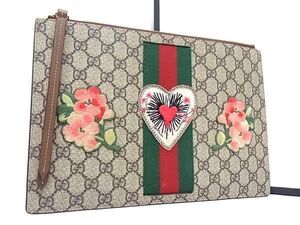 ■美品■ GUCCI グッチ 431416 シェリーライン GGスプリーム GG柄 PVC フラワー クラッチバッグ セカンドバッグ ブラウン系 AY5044