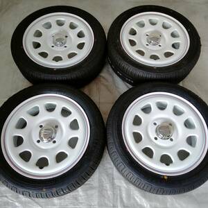 新品 デイトナ 14-5.0J＋42 4-100 ホワイト タイヤ付4本SET 165/55R14 軽自動車用 NBOX エブリイ アウトレット特価(W2426-NE)