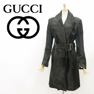 イタリア製◆GUCCI グッチ 総ハラコ 毛皮 ベルテッド コート ダークグリーン 42