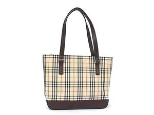 1円 BURBERRY バーバリー ノバチェック キャンバス×レザー トートバッグ ハンドバッグ ショルダー 肩掛け ベージュ系×ブラウン系 FE6874