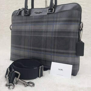 新品同様 美品 COACH コーチ ビジネスバッグ ブリーフケース ショルダー ベルト 2WAY PVC×レザー チェック 黒系 ブラック F83000 メンズ