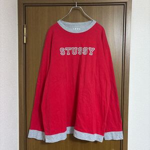 00s old stussy ステューシー ロンT ダブルフェイス 長袖 Tシャツ 表記XL USA製 赤 古着 ストリート スケーター