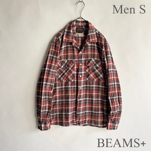 BEAMS PLUS 日本製 ビームスプラス インディアマドラス オープンカラー シャツ ボックスシルエット フラップポケット 赤系 size S sk 