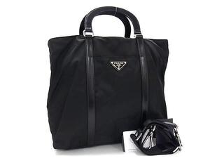 1円 ■美品■ PRADA プラダ BN1057 テスートナイロン 2WAY クロスボディ ショルダー ハンドバッグ トート ブラック系 FJ2748