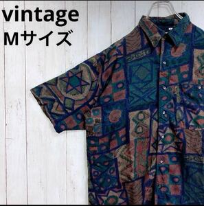 SERIES 9000 vintage ヴィンテージ 半袖シャツ コットンシャツ 柄シャツ ボタンシャツ モード 幾何学模様 レギュラーカラー 茶系 送料無料