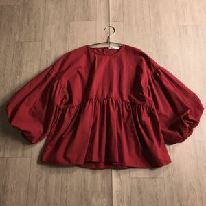 100円スタート☆ ZARA ザラ　ボリューム袖　ブラウス　シャツ　赤　ノーカラー　