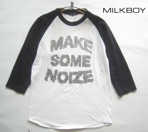 美品日本製!!ミルクボーイ MILKBOY*MAKE SOME NOIZEプリント 7分袖ベースボールTシャツ S 白×黒 