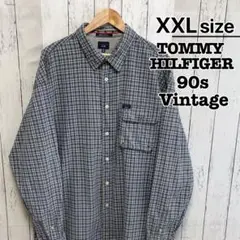 90s　TOMMY HILFIGER　フランネルシャツ　グレー　ブルー　チェック