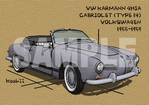 フォルクスワーゲン カルマンギア カブリオレ VOLKSWAGEN KARMANN GHIA CABRIOLET オリジナル手描き風イラスト（旧車、VW）KG-C12