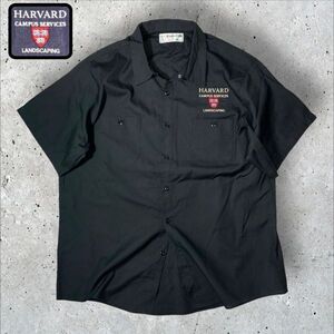 ★美品★ARAMARK★HARVARD CAMPUS SERVICES刺繍★半袖ワークシャツ size1XLL ブラック系 スナップボタン(上部) 古着 クリーニング済み