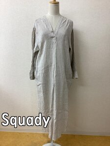 Squady スカディ ベージュにグレーストライプ リネンワンピース サイズ2