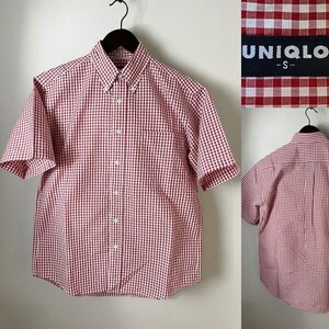 ★【並品 国内正規品】90s ビンテージ オールド ユニクロ UNIQLO 紺タグ コットン ポリエステル ギンガムチェック シャツ（半袖）S レッド