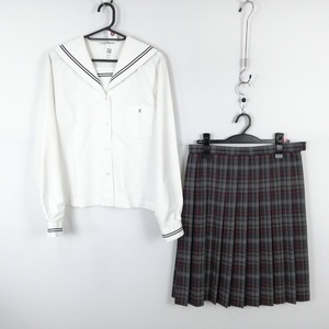 1円 セーラー服 チェックスカート 上下2点セット 大きいサイズ トンボ 中間服 黒2本線 女子 岡山倉敷翠松高校 白 中古 ランクC EY8345